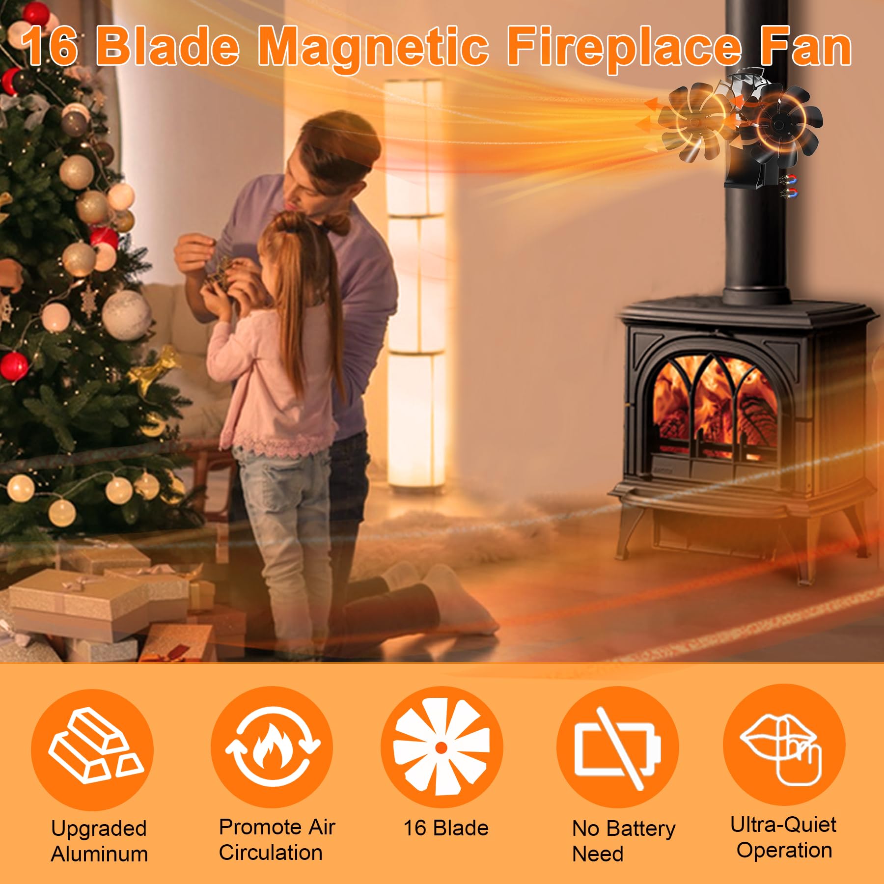 Ventilateur de cheminée magnétique 3 en 1 sans électricité avec thermomètre pour bois foyer tuyau de poêle