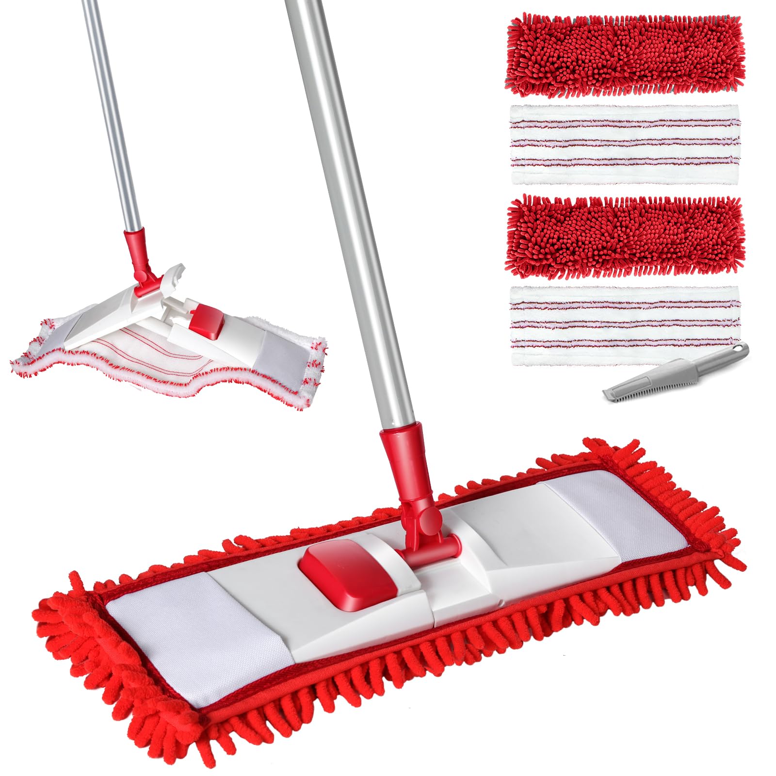 MASTERTOPFloor Mops for Cleaning Floors, Microfibre Flat Mop for Hard Floor - Multi-Surface Wet and Dry Cleaning Mop for Indoor Home - 4 Reusable Pads (Chenille + Nylon) - Red
