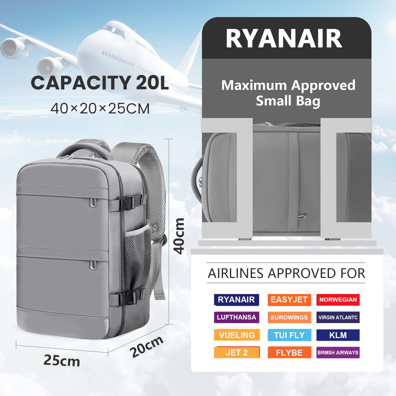 KIRFEIHT Zaino da Viaggio 40x20x25 per Ryanair - Bagaglio a Mano Aereo Piccolo Zaini Universali Piccola Borsa da Viaggio da Cabina, Zaini da Scuola e da Lavoro (Grigio)