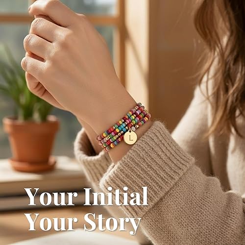 Miniatura 2 de Juego de 4 pulseras con iniciales de cuentas de colores, joyería apilable personalizada, pulseras elásticas ajustables para mujer, juego de pulseras