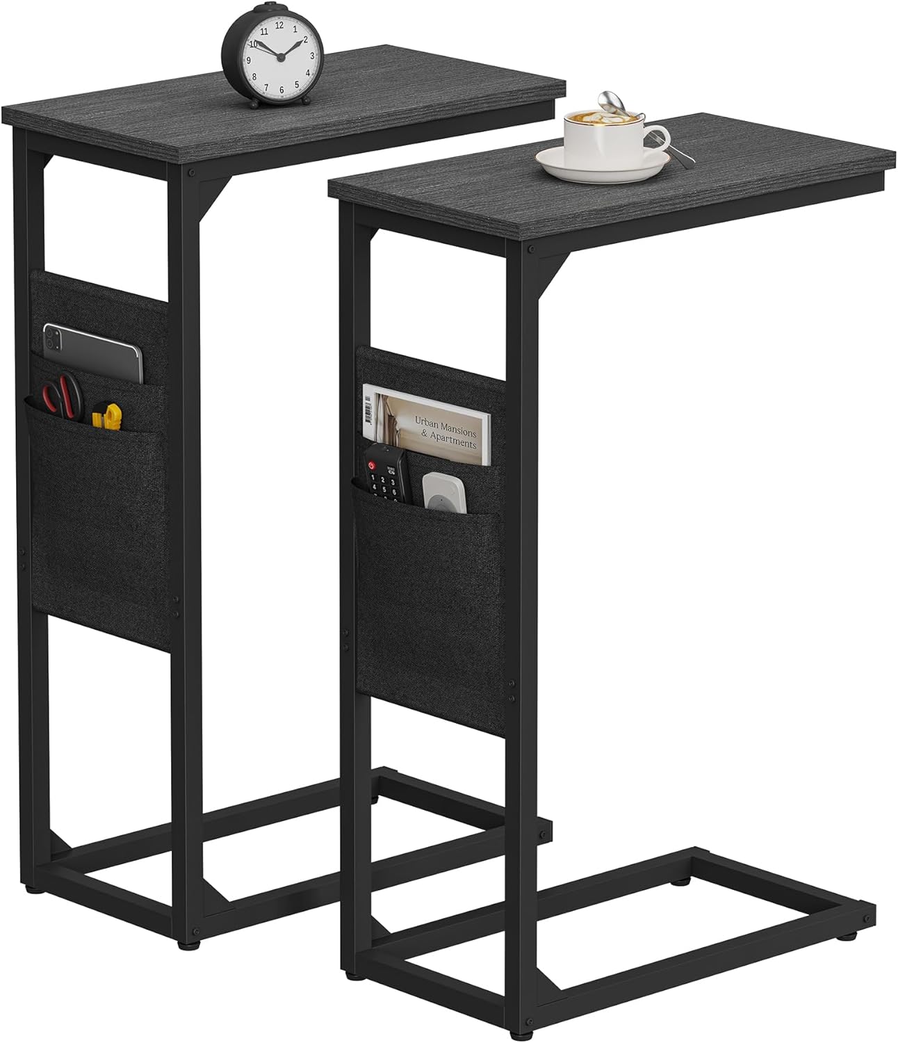 TUTOTAK C Shaped End Table, Side Table for Couch, Sofa Table with Storage Bag, TV Tray for Living Room, Bedroom, Black TB01BK0822 2 Black