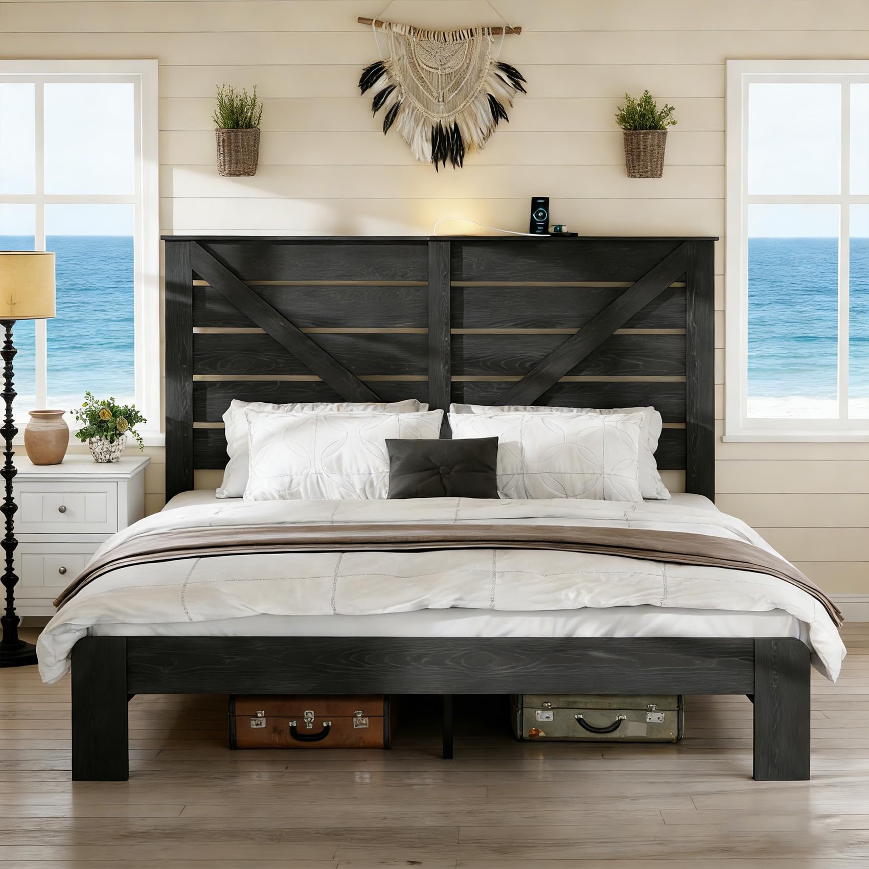 King Size Bed Frame with Headboard King Bed Frame Industrial Metal Platform Foundation No Box Spring Needed Noise