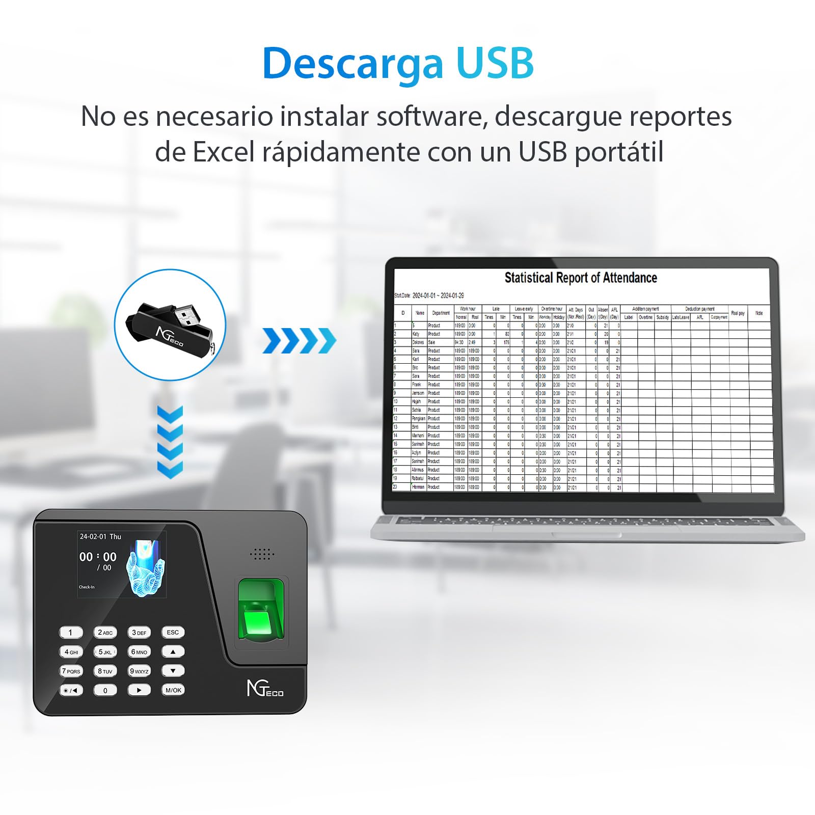 NGTeco Control Horario Empleados con Instalación Sencilla para Pequeñas Empresas en España, Funciona sin Internet, Cálculo Automático y Reloj Fichar con Huella AS10 (Sin Cuota Mensual)