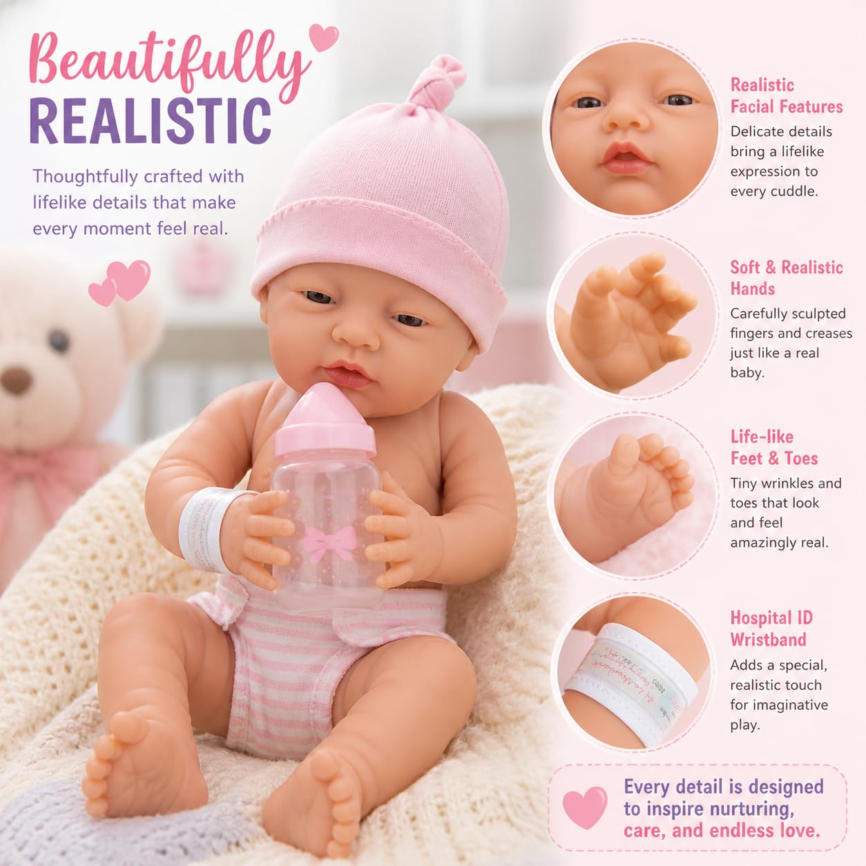 JC Toys 38,1 cm realistische Babypuppe für Neugeborene, hergestellt in Spanien, weicher Vinylkörper mit Zubehör, rosa gekleidet
