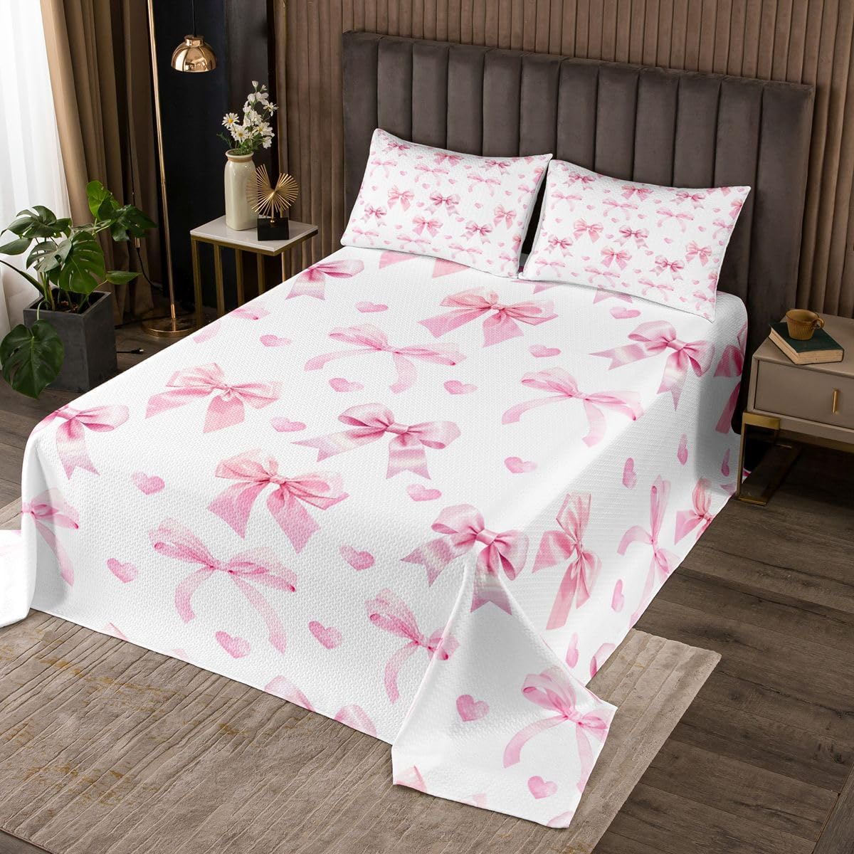 jejeloiu Cute Bowknot Bedspread King Size Coquette Bow Coverlet Set Kawaii Bow Tie Quilted Coverlet for All Season with 2 Pillowcases Dreamy Princess Microfiber Lightweight