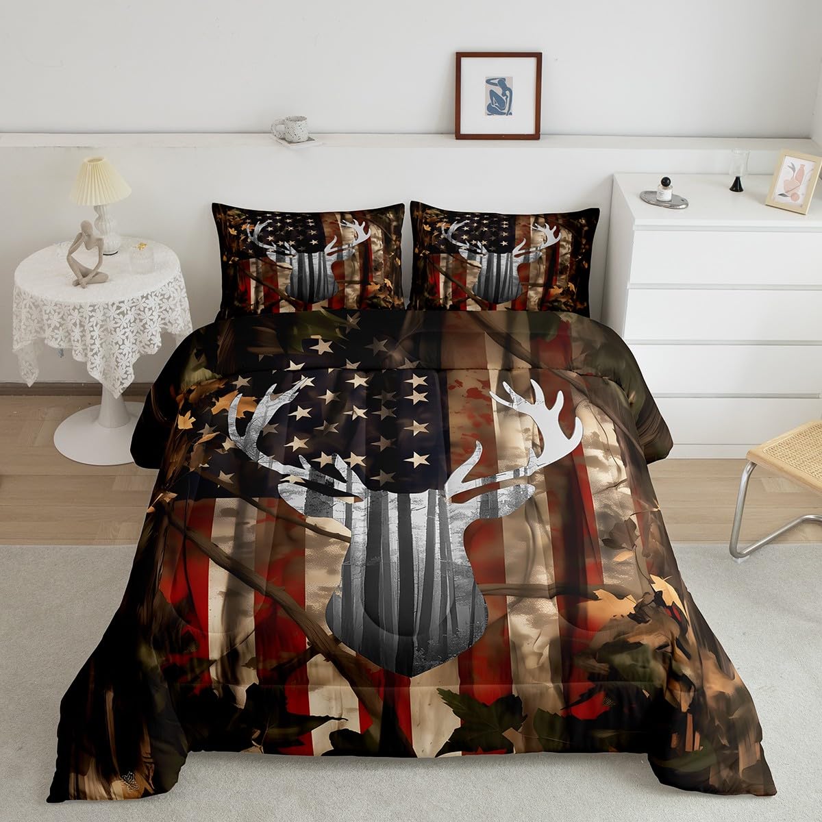 Feelyou American Flag Comforter Set Cute Deer Bedding Set for Kids Boys Girls Deer Hunting Camo Comforter Rustic Cabin Duvet Set Farmhouse Quilt Set Full Size