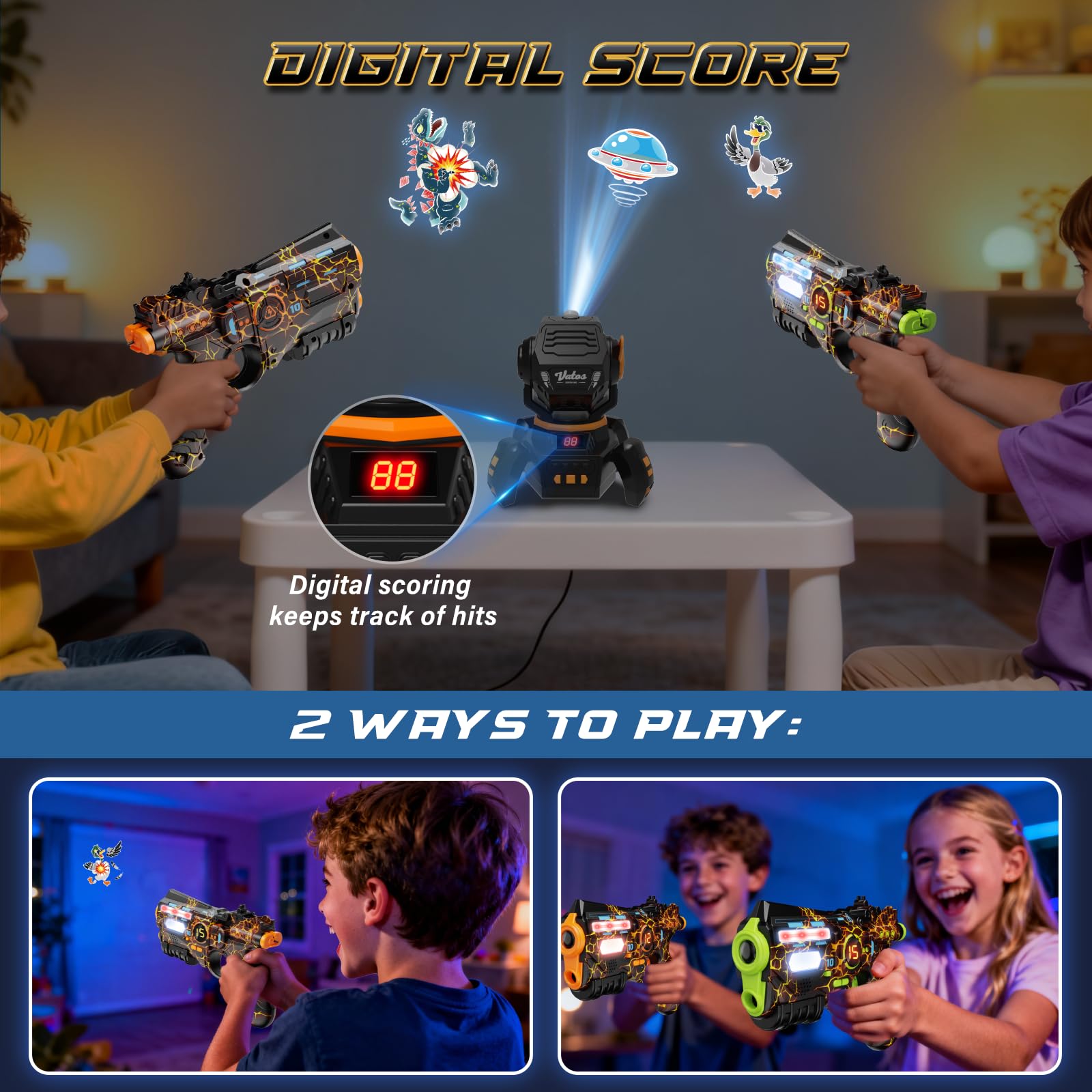 VATOS Wiederaufladbares Infrarot Laser Tag mit Projektor, 2 Spieler Spielzeug Pistole mit digitaler LED-Punktanzeige, 2.4GHz Echtzeit-Daten-SYNC, perfektes Familien-Aktivitätsspielzeug für Kinder