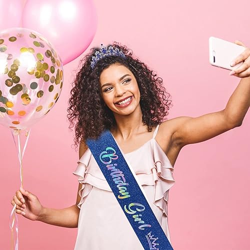 Miniatura 8 de SuPoo Coronas de cumpleaños para mujer, kit de banda y corona de cumpleaños, tiara de cumpleaños azul, corona de diamantes de imitación con peine