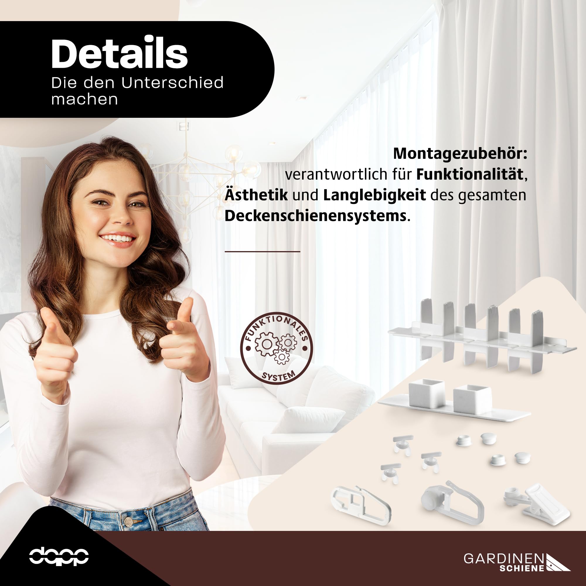 DQ-PP 500cm (2 x 150 cm + 2 x 100 cm + Verbinder) Gardinenschienen PVC 1 - läufig Innenlaufschienen Deckenschiene
