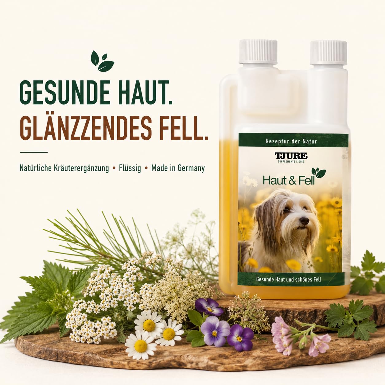 TJURE Haut & Fell Liquid Hund | 3 x 500 ml Sparset | Ergänzungsfuttermittel für Hunde mit pflanzlichen Kräuterextrakten | Unterstützt die Normale Hautfunktion & Fellbeschaffenheit | Ohne Zusätze
