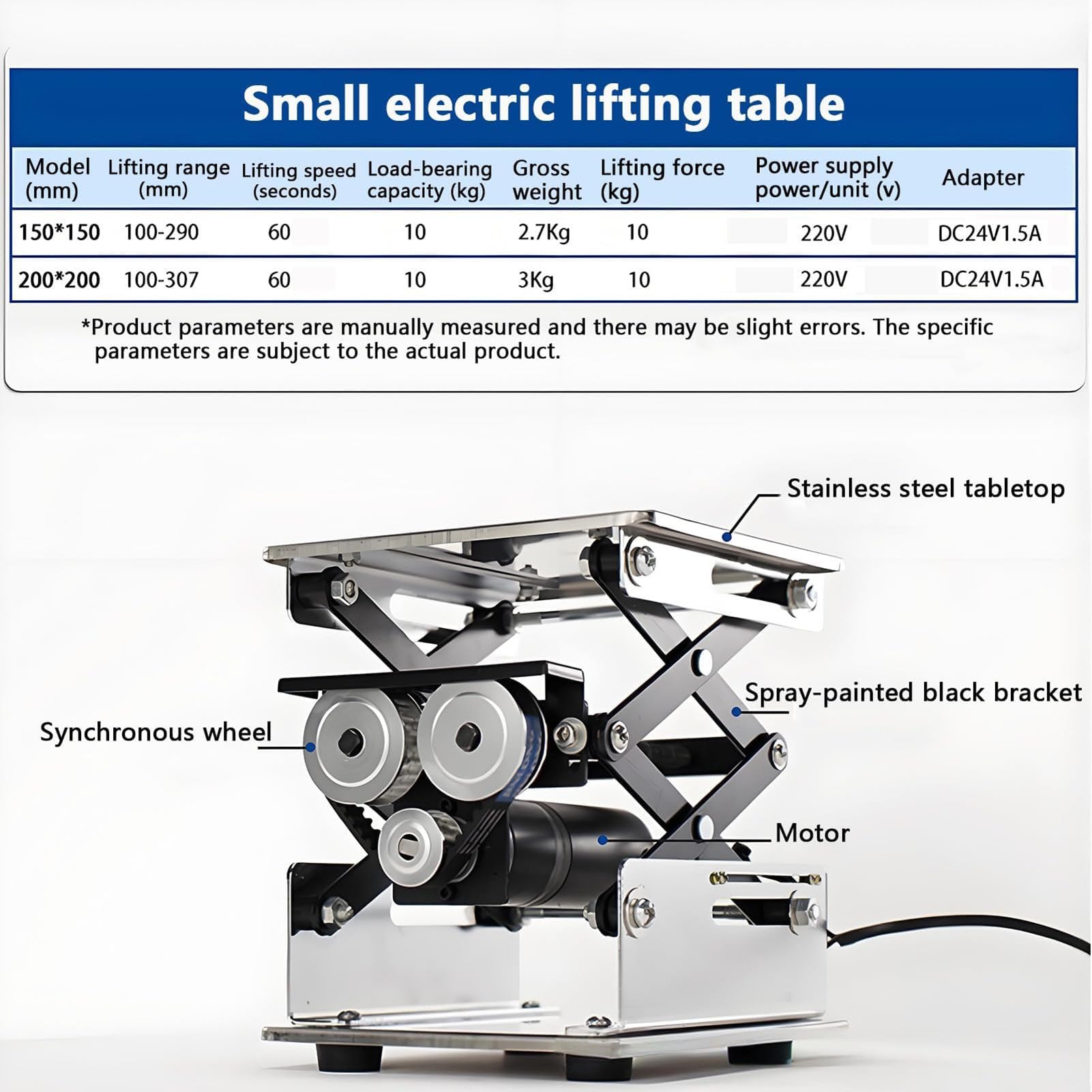 Table de laboratoire réglable en acier inoxydable avec support for échantillons, petite plateforme élévatrice à ciseaux for laboratoire, support de levage électrique,hauteur de 200 mm(200x200MM)