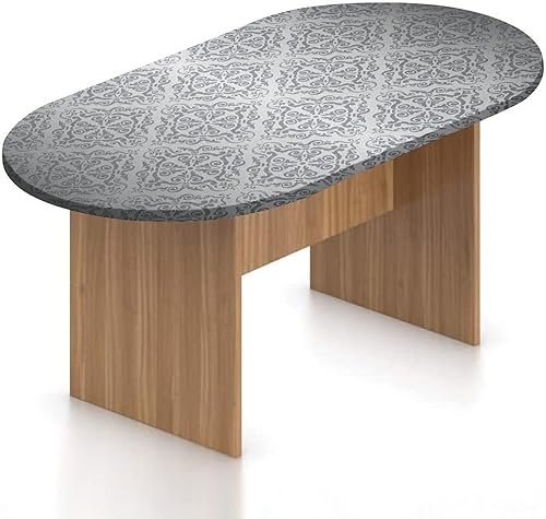 XISUNYA Mantel ajustable ovalado de poliéster con bordes elásticos plateados, patrón barroco de mandala vintage, con estampado monocromático, se