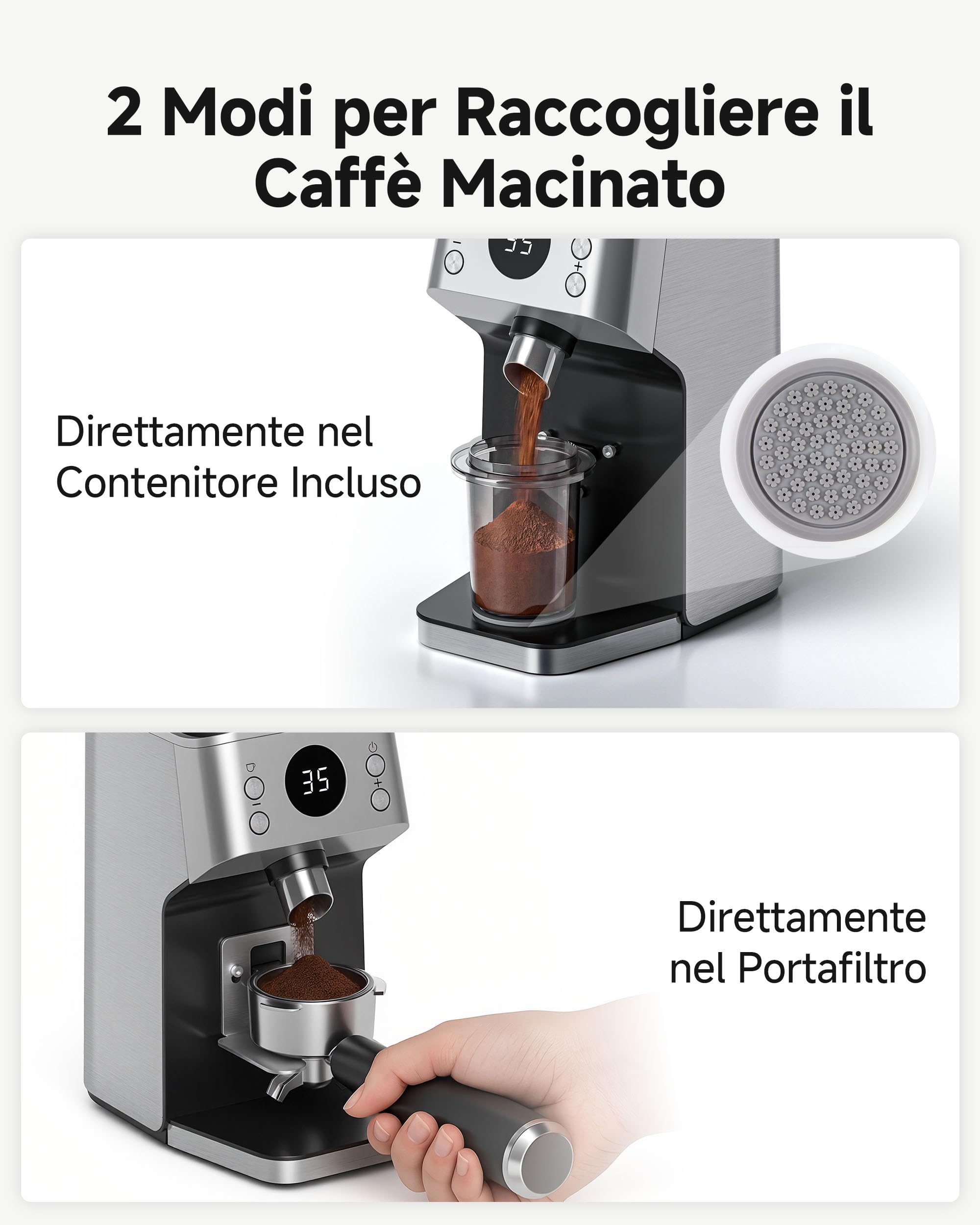 AAOBOSI Macinacaffè Elettrico, 45 Livelli, Macine Coniche in Acciaio | Sistema antistatico al plasma, memoria, timer programmabile, contenitore chicchi 300 g, per espresso e caffè filtro