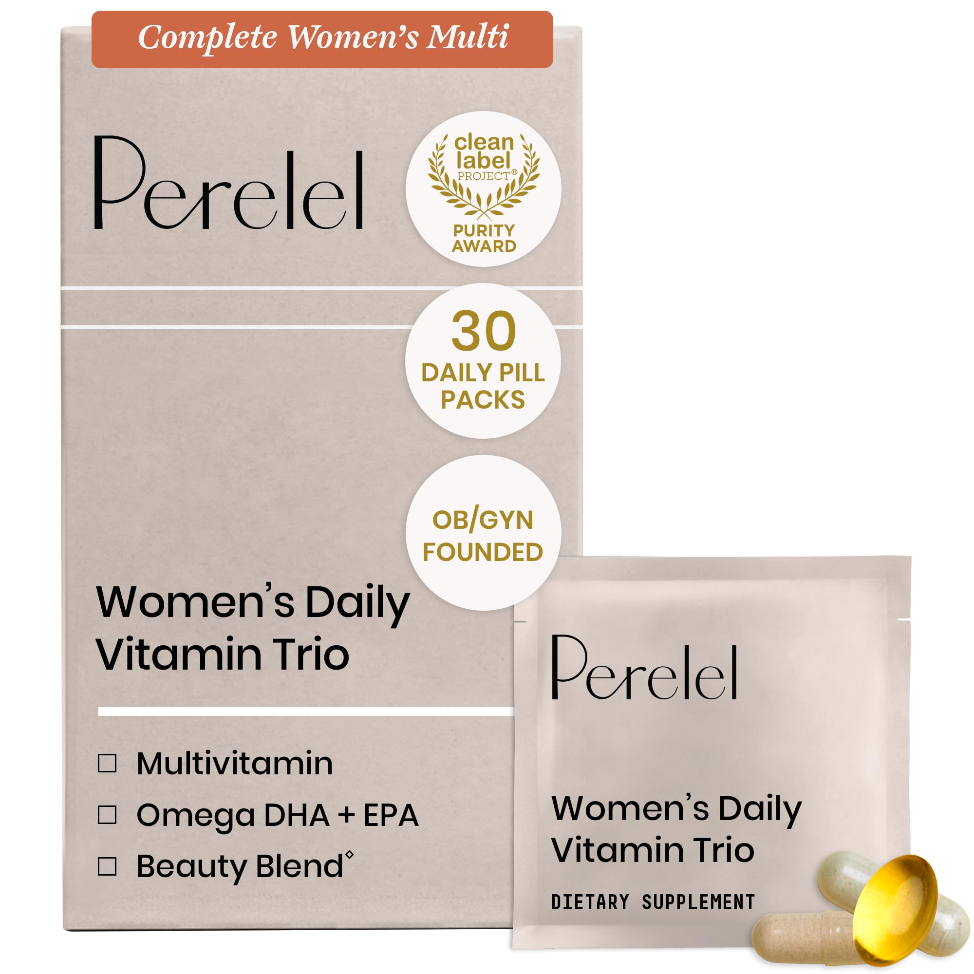 Perelel Womens Daily Vitamin Trio, Multivitamin, Omega 3 DHA, & Biotin