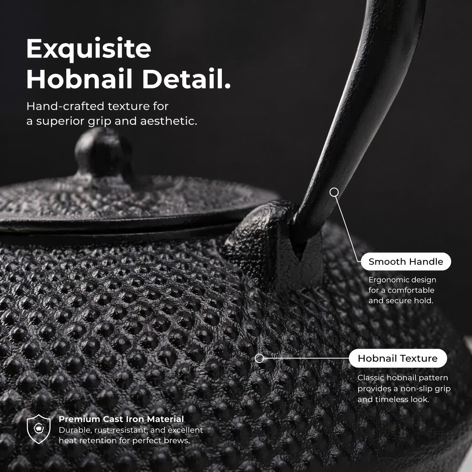 Tetera tradicional japonesa de hierro fundido, negro, 800 ml | Diseño pesado, patrón texturizado, estilo asiático con interior esmaltado y colador de té de acero inoxidable