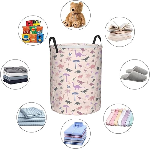 Miniatura 3 de Cesta de lavandería plegable de dinosaurios con asas, cesta de ropa plegable sucia de fácil transporte, cesta de almacenamiento redonda para