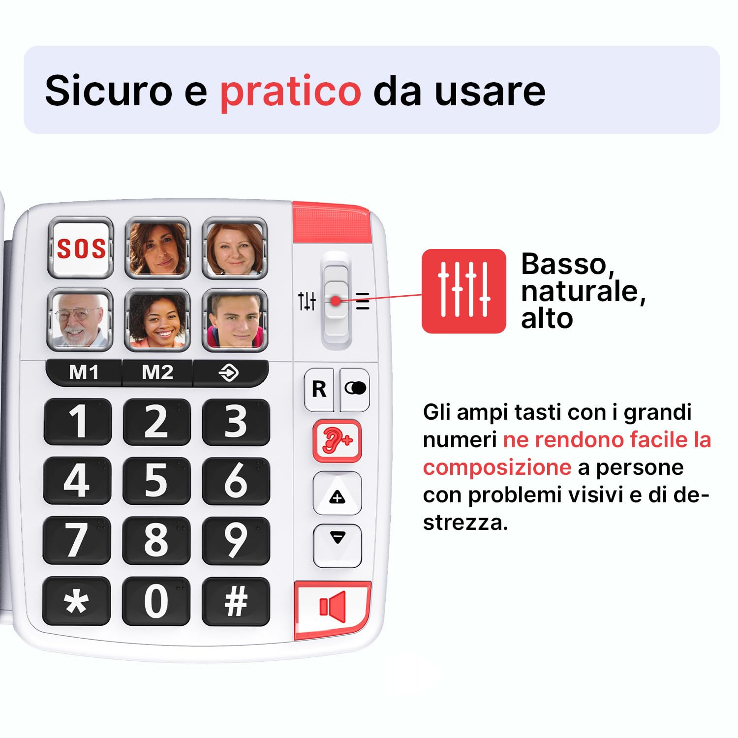 SWISSVOICE - Xtra 1110 - Telefono fisso con filo per anziani - Tasti grandi - 6 tasti di memoria con foto - Suonerie extra forti - Indicatore luminoso - Audio Boost - Compatibile apparecchi acustici