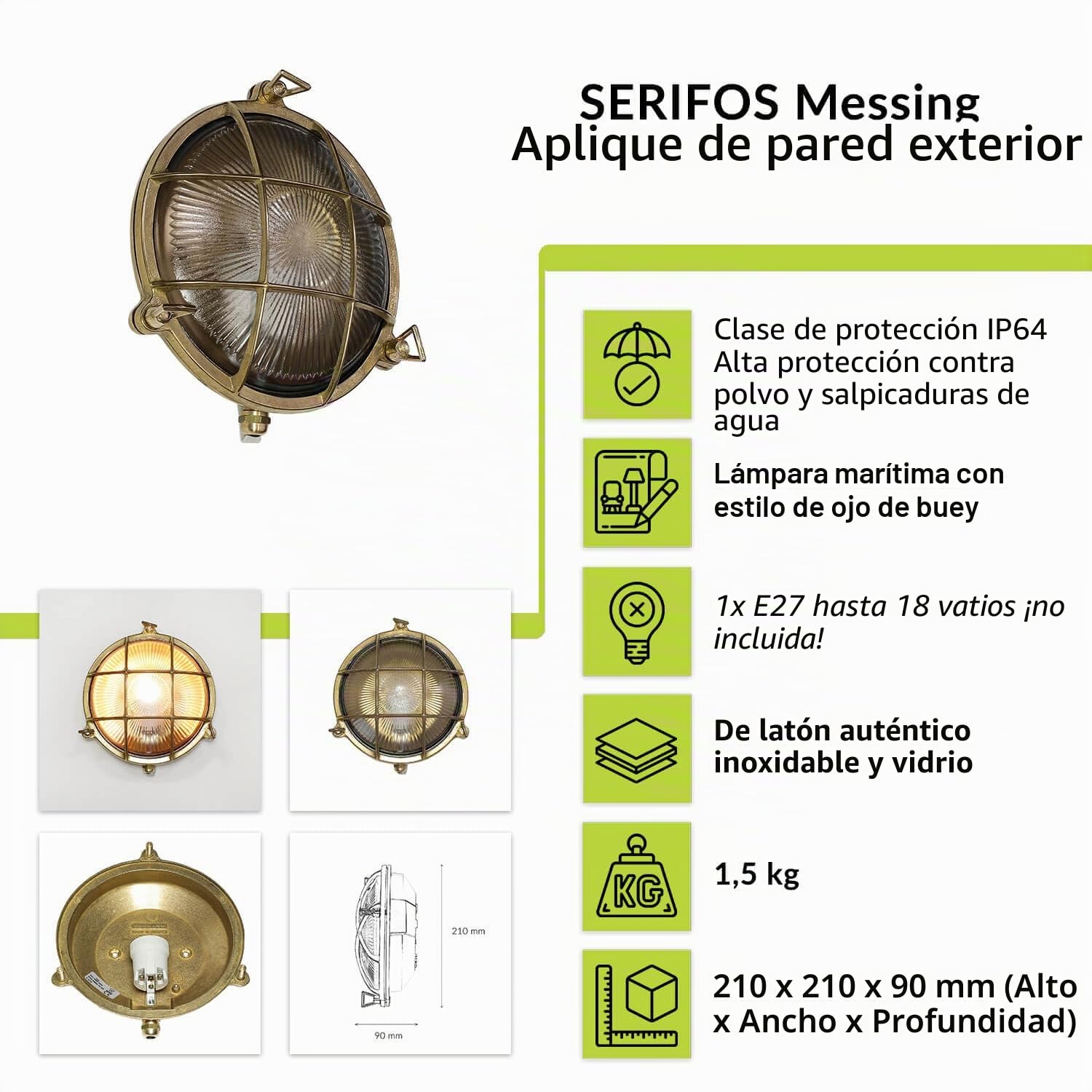 Licht-Erlebnisse Lámpara de pared exterior de latón y vidrio IP64 para entrada de casa, Ø21 cm, E27 máx. 18 W, redonda, marítima, con rejilla, aplique de pared exterior rústico para jardín SERIFOS
