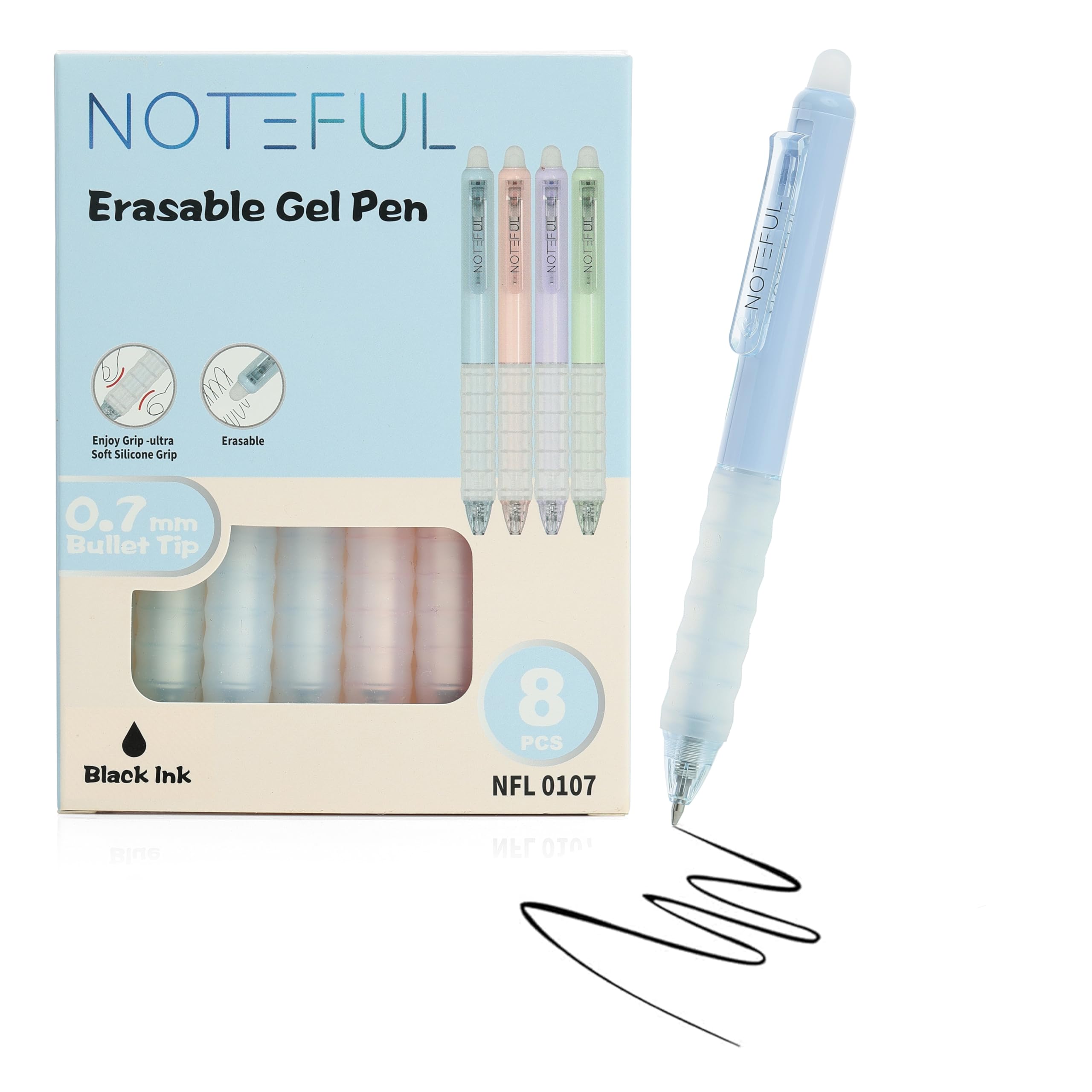 NOTEFUL Retractable Erasable Gel Pens Clicker, Fine Point 0.7, Premium Comfort Grip for Smooth Writing Planner and School Supplies - Black (Pack of 8)