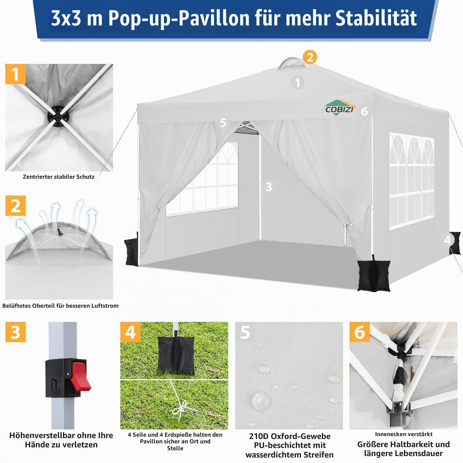 COBIZI Pavillon 3x3m Wasserdicht Stabil Winterfest Faltpavillon Partyzelt Gartenpavillon mit 4 Seitenteilen,4 Sandsäckes und Entlüftung,UV Schutz 50+,pop up faltbar für Outdoor Garten(Weiß