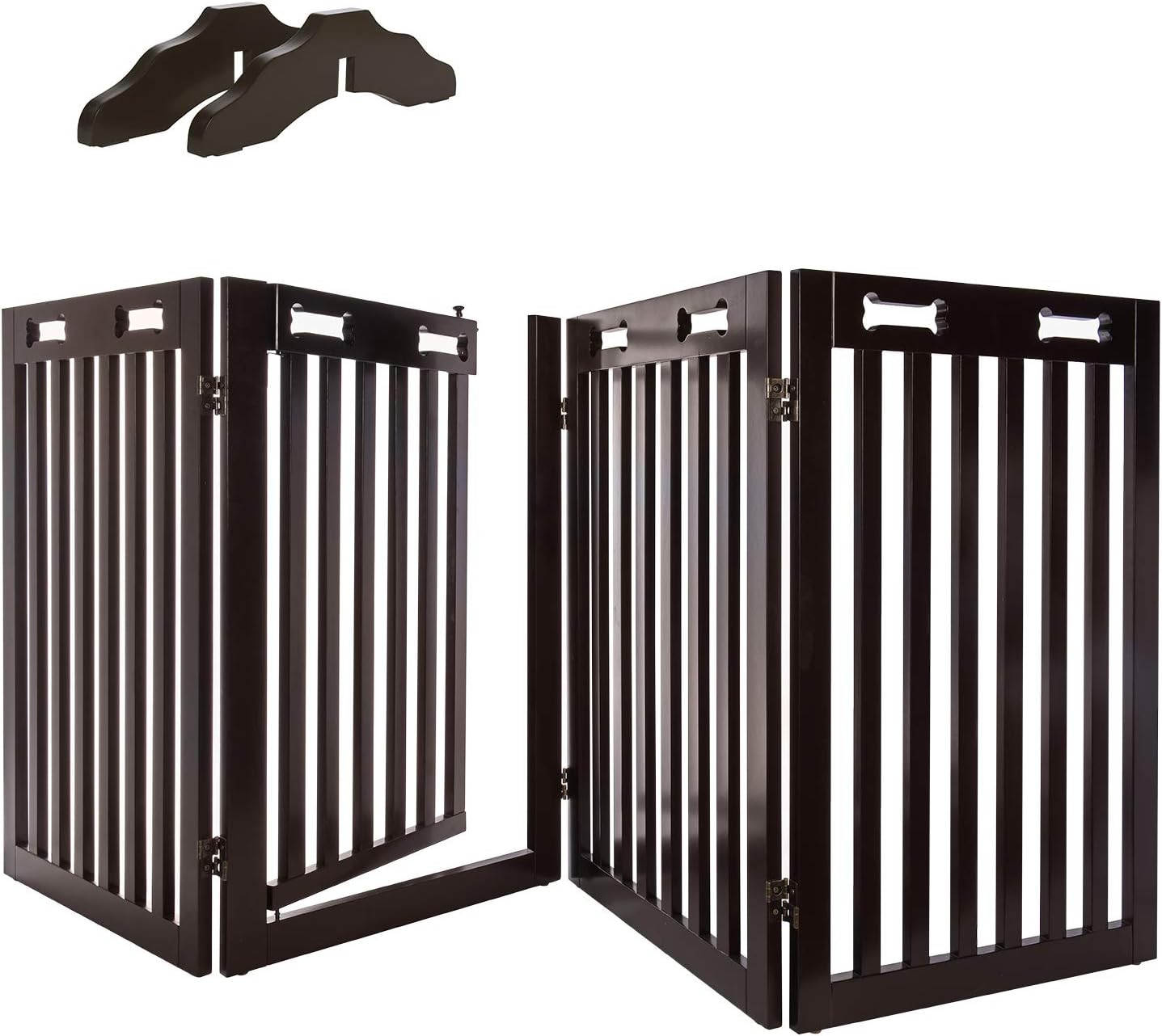 Arf Pets Freestanding Dog Gate with Door, 4 Panel 360 configurable Wooden Fence, 80" Wide, 31.5" High, Set of Foot Supporters Included, for Indoor Use