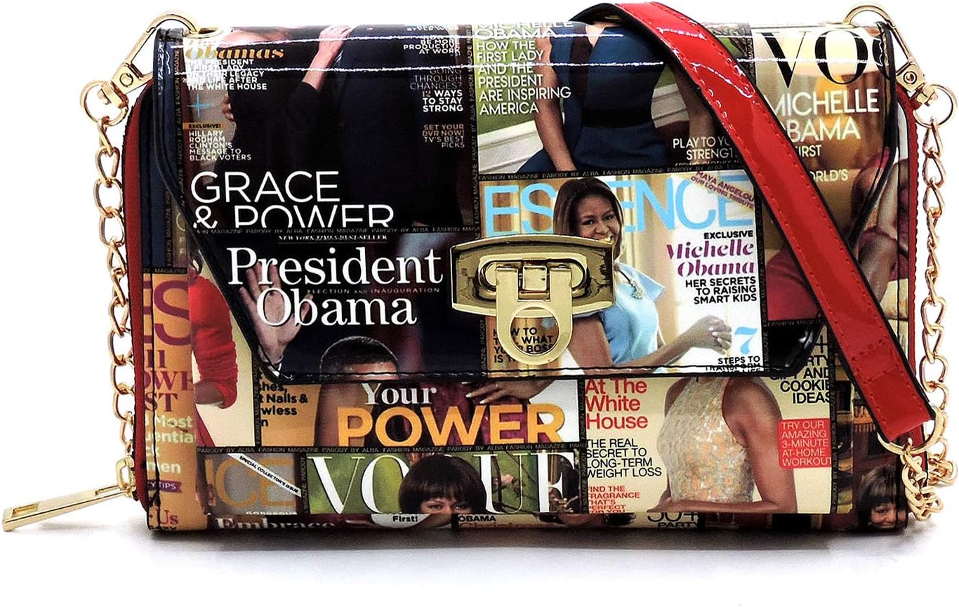 Amy & Joey Glossy Magazine Cover Collage Michelle Obama Printed Crossbody Wallet Clutch Bags with Flap and Zip Around Closure (Single Zip-Multi/Red)