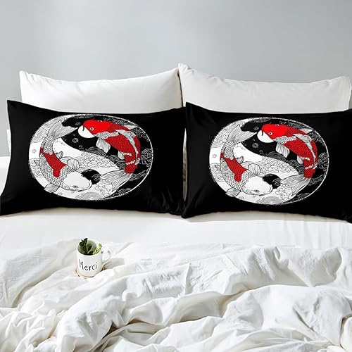 Miniatura 7 de Erosebridal Yin Yang - Juego de sábanas de tamaño individual, sábanas de estilo japonés para niños y niñas, chismes koi, decoración de peces, sábana
