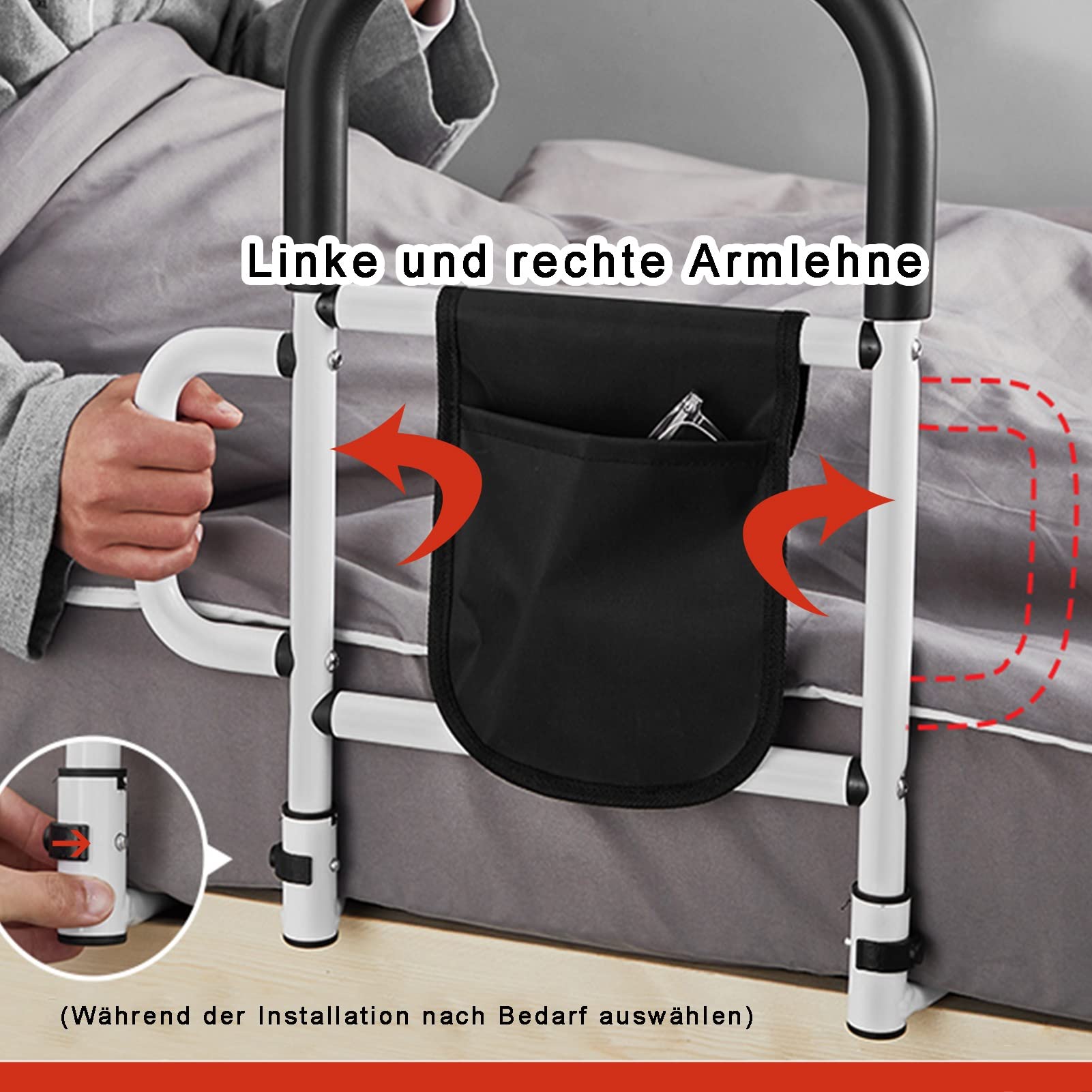 Handicap Bettgeländer,Bettgitter Für Ältere Menschen,Bett Aufstehhilfe Bettgriff,Kohlenstoffstahl bettaufstehhilfe,Leicht aufzustehen Metall Griff,Rausfallschutz,mit Aufbewahrungstasche