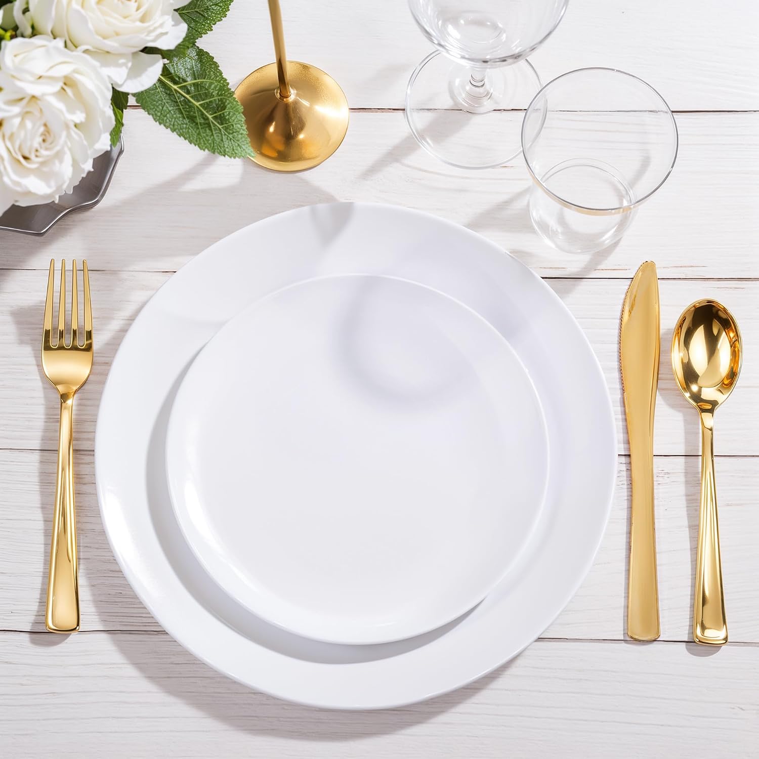 Nervure 600pcs Luxury Party Bundle 100 Gold Silverware Sets 100 White 10.25 Inch Dinner Plates 100 White 7.5 Inch Dessert Plates 400 Pieces Disposable BPA Free
