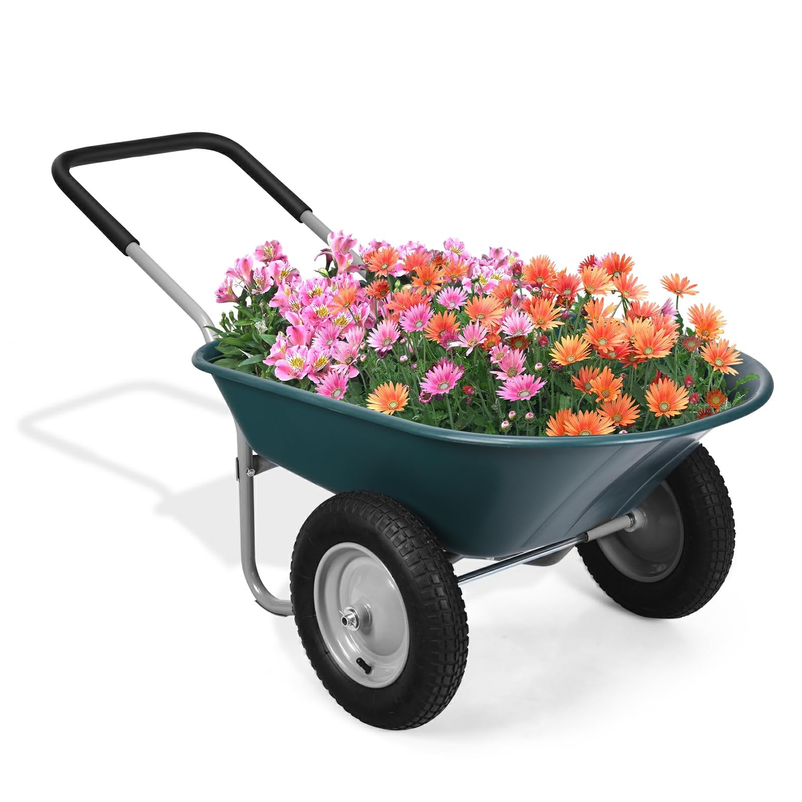 Moccha 2-Tire Wheelbarrow, 330lbs Capacity Garden Wagon w/Two 13” Pneumatic Tires, Heavy Duty Yard Cart, Easy Loading and Dumping Garden Cart for Lawn Construction Sites, Utility Wheel Barrel (Green)