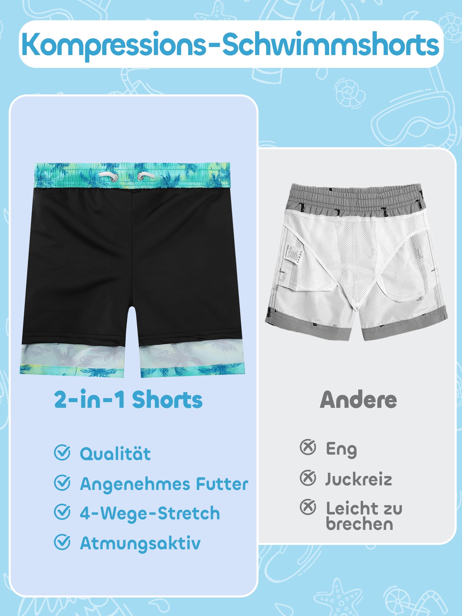 Jungen Badeshorts Schnelltrocknende Badehose 2 in 1 Boardshorts mit Kompression Innenhose