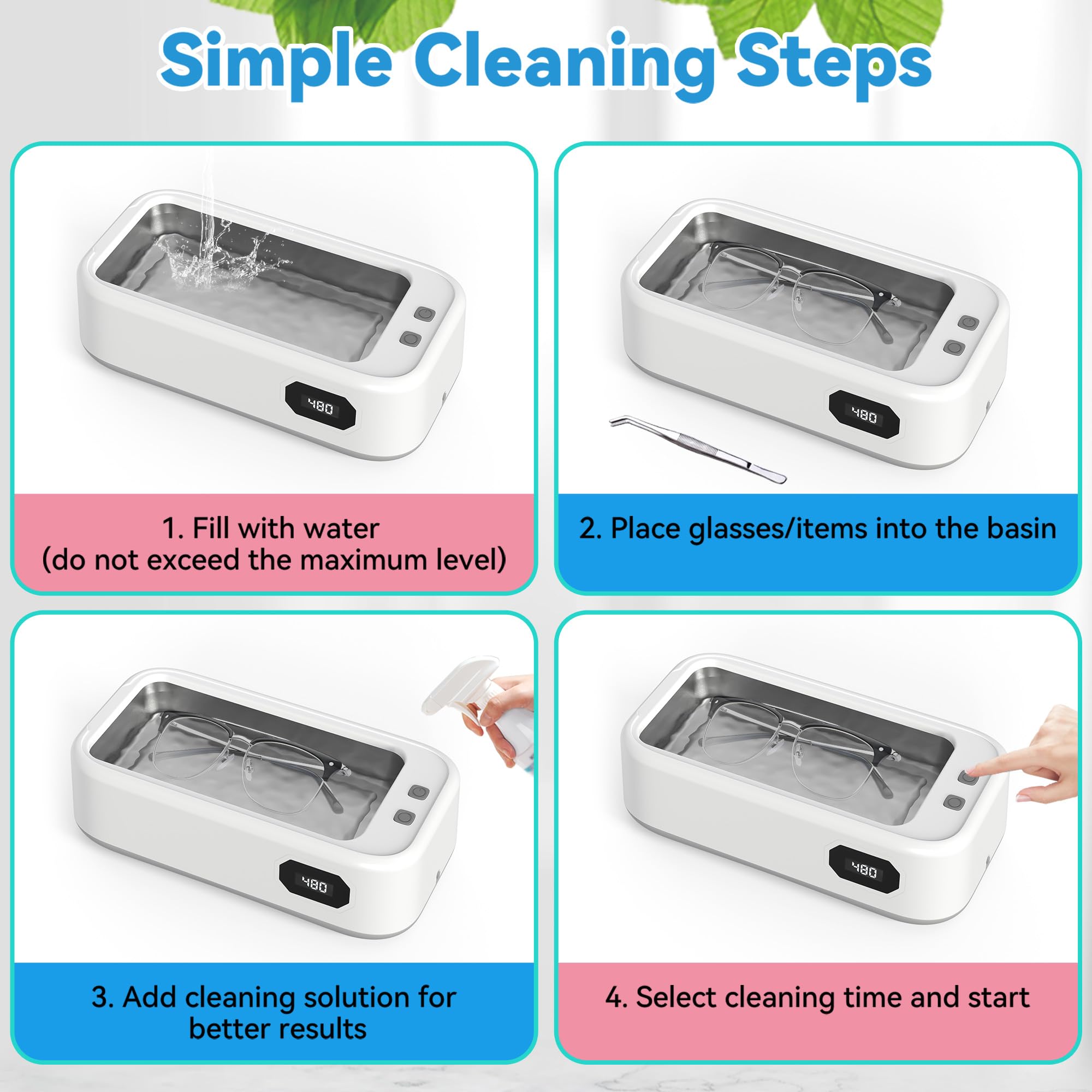 Myjka Ultradźwiękowa, Ultrasonic Cleaner 49KHz, Myjka Ultradźwiękowa 640ml, 5 Trybów Myjki Ultradźwiękowej Wyświetlaczem, do Okularów, Protez Zębowych, Zegarków, Pierścionków, Biżuterii, Monet