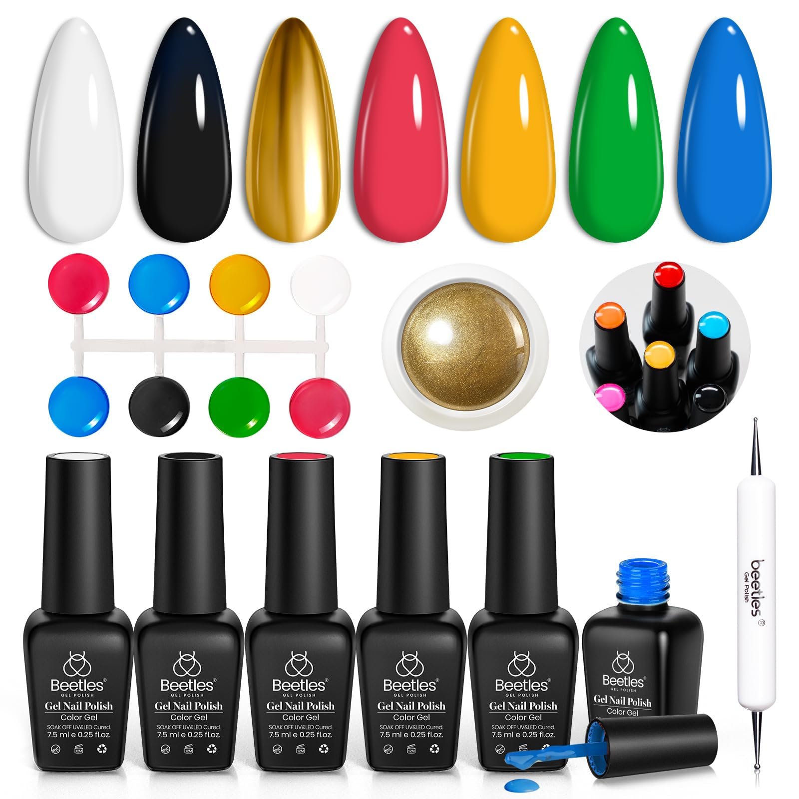 Beetles Gel Nail Polish Set with Golden Chrome, 8 Pcs Blue Green Black White Gel Polish Nails Set & Chrome Powder Double-ended Brush Soak off Uv Gift