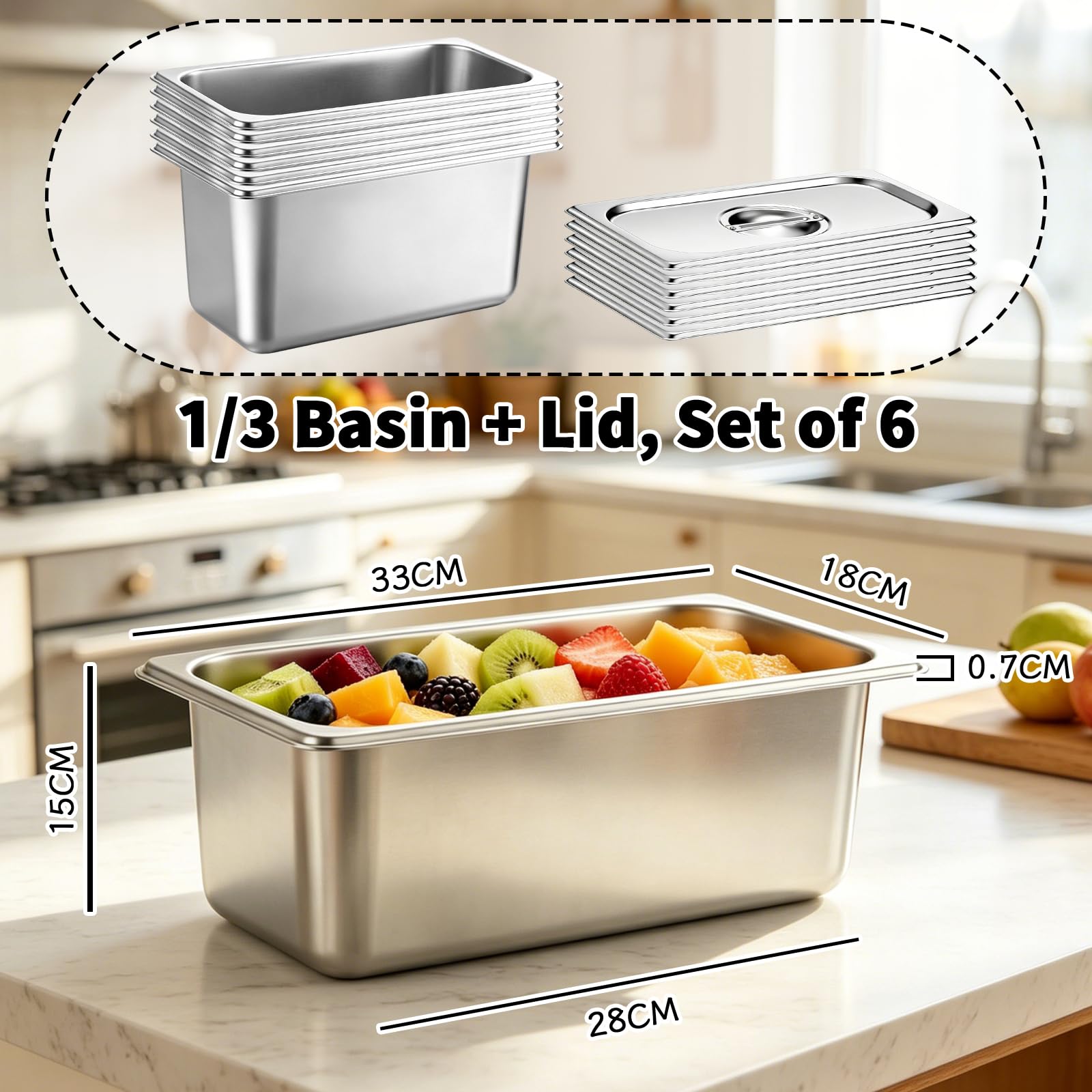 Set da 6 Contenitori GN 1/3 in Acciaio Inox con Coperchio | Vaschette Gastronorm Impilabili 33x18x15cm, Contenitori Professionali in Acciaio Inossidabile per Cucina, Buffet e Catering