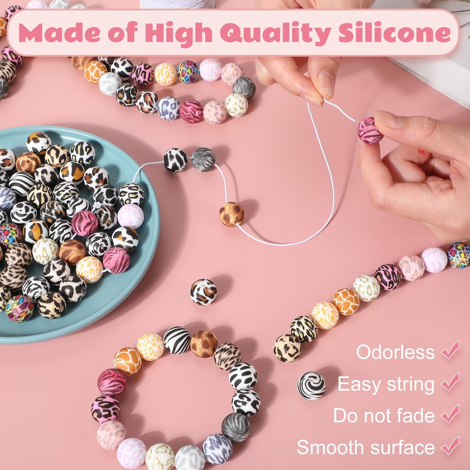 Ferreve 120 Pcs 15mm Silicone Beads Bulk Leopard Print Silicone Beads Leopard Print Rubber DIY Bracelet Making Kit for Keychain Making Pens Necklace Jewelry