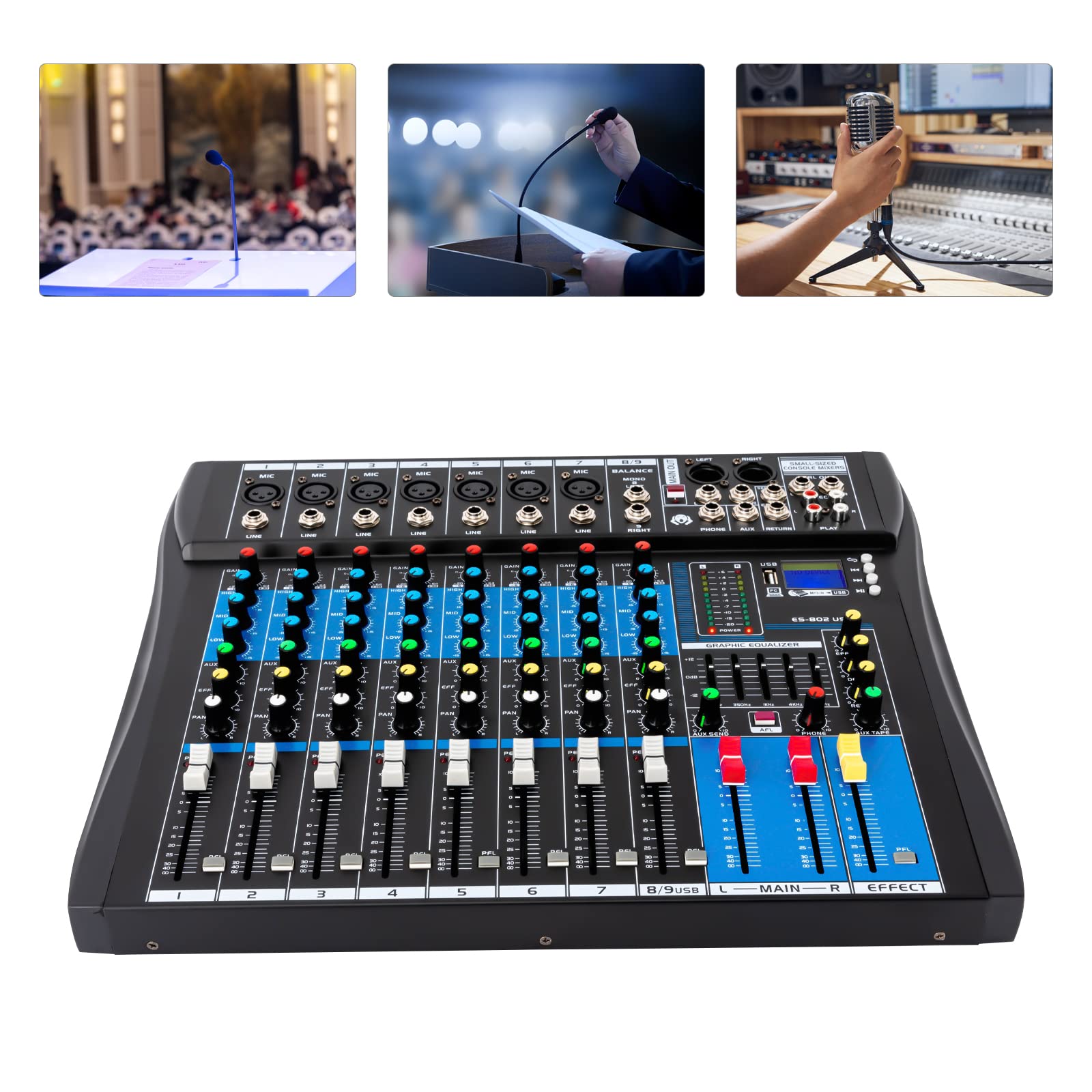 Consola de mezcla profesional 48V 8 canales con entrada digital USB MP3 Bluetooth Pantalla LCD Estéreo DJ Audio Mixer para festivales de música Estudios de grabación 38x31x3.5cm