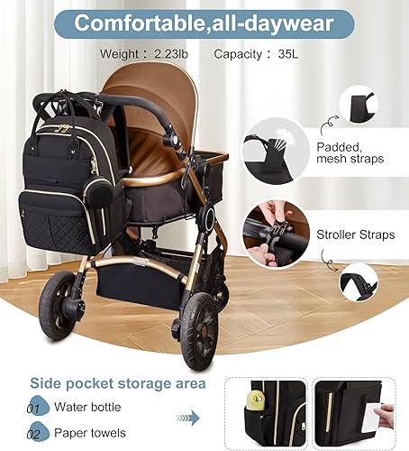 Miniatura 4 de MOONBABY Mochila para pañales, bolsas de pañales para bebés con cambiador portátil y estuche para chupete, Negro -