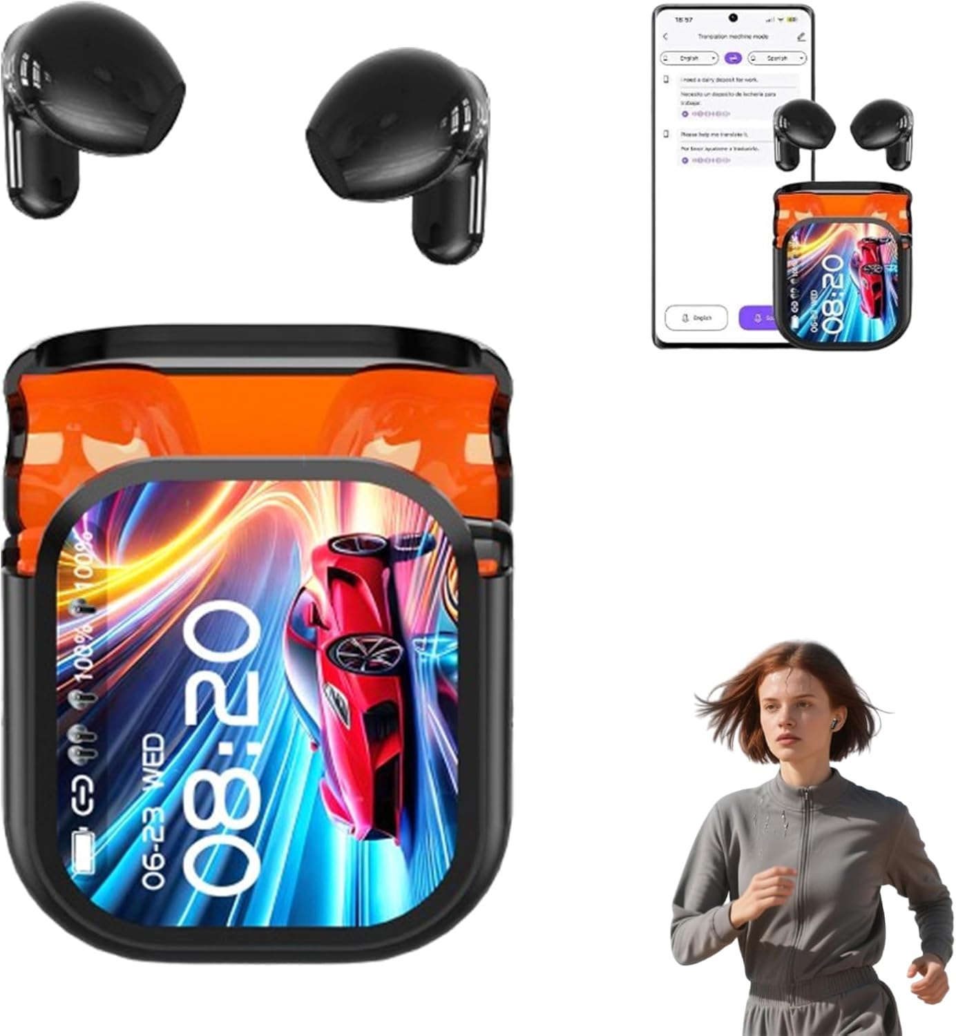 NE20 Translation Earbuds, NE20 Earbuds, Color Screen Noise-Canceling Translation Headphones, with 134 Language AI Translate Real Time, Bluetooth 6.0 LED Display Wireless Earphones (Black)