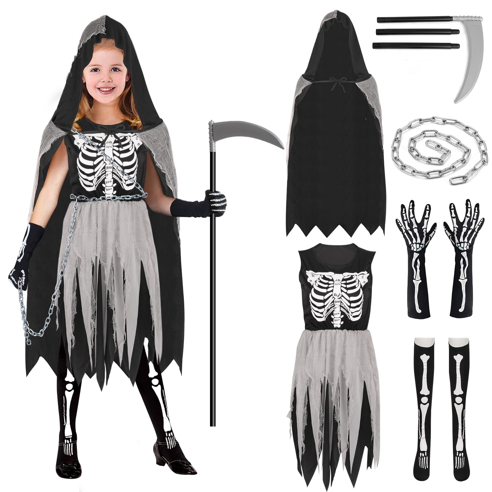 Grim Reaper Costume Kids Girls Skeleton Costume Kids 8-9 9-10 Years Halloween Grim Reaper Robe Death Costume Skeleton Dress Girls Grim Reaper Cloak Black Halloween Scythe Grim Reaper Gloves Skeleton