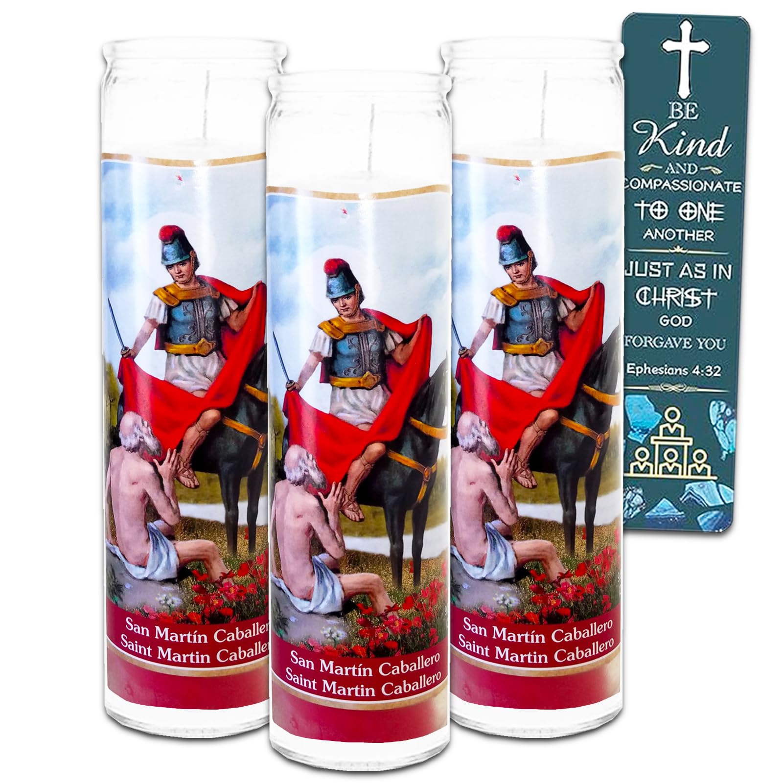 3 Pack San Martin Caballero 8 Inch White Religious Candles - Bundle with 3 Saint Martin Candles for Vigils, Prayers, Blessing Ceremonies, and More Plus Bookmark | Saint Martin Devotional Candles