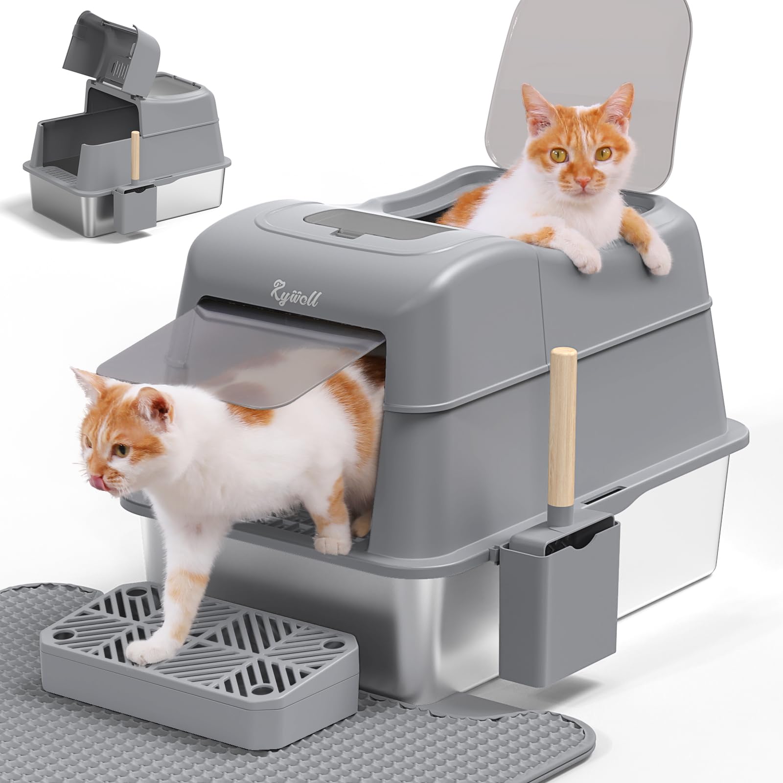 Rywell Stainless Steel Litter Box with Lid XL,120° Flip Cover Stainless Steel Litter Box with Litter Scoop and Litter Mat, Odor Control,Anti-Leakage,