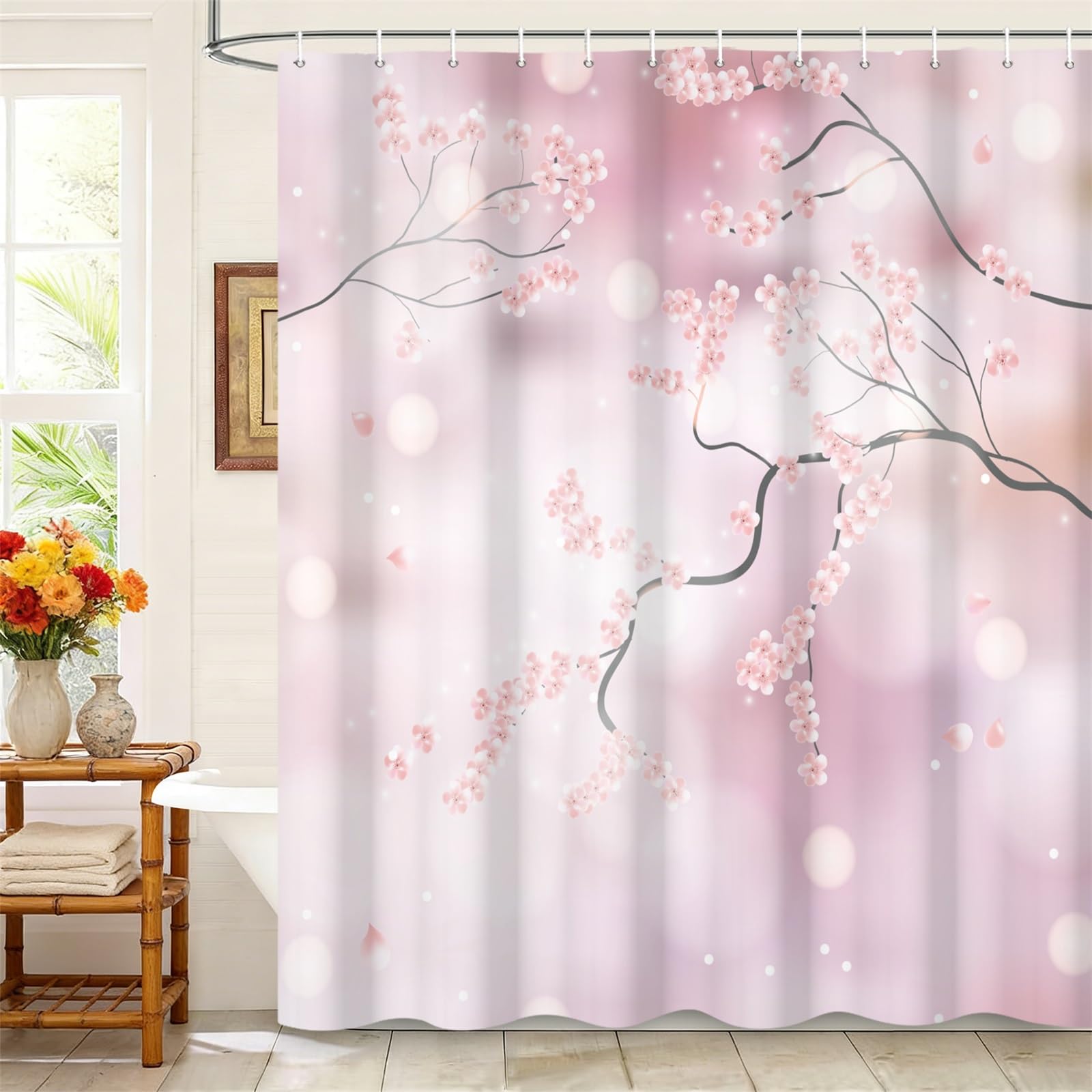Kzzfqxb 180x180cm Floral Shower Curtains with Plastic Hooks, Dreamy Little Pink Cherry Blossoms on Branches Waterproof Occluded for Bathtub, Elegant Beautiful Polyester Fabric for Girls Bathroom