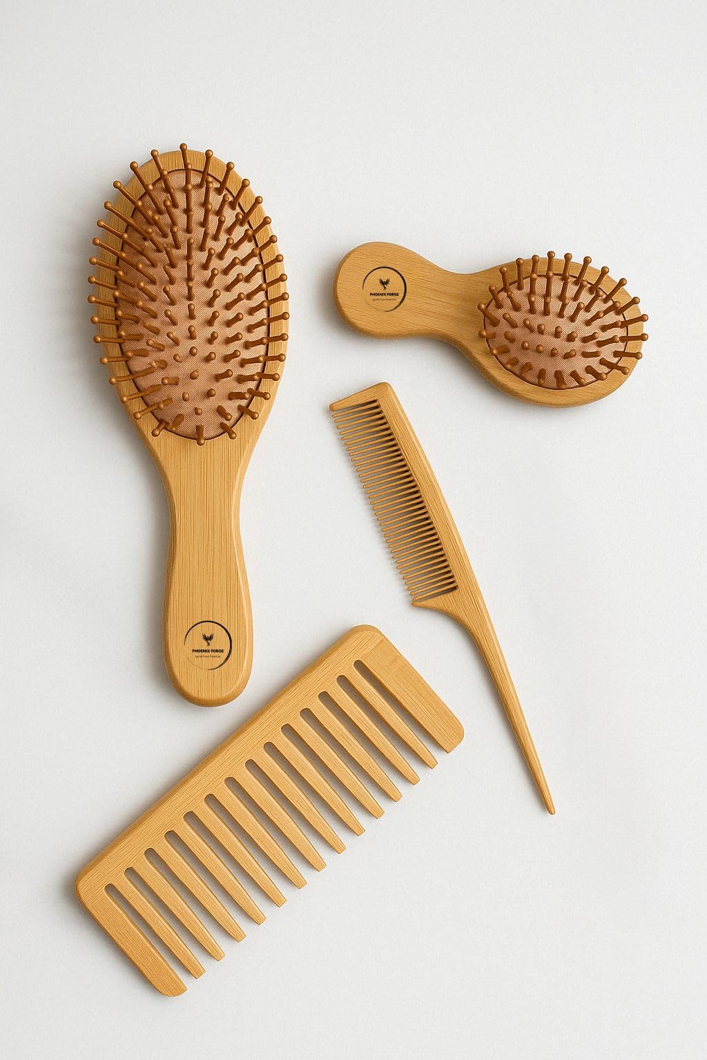 Phoenix Forge Bamboo Hairbrush and Comb Set-Pain-Free Detangling Hair Brush for Curly & Thick Hair