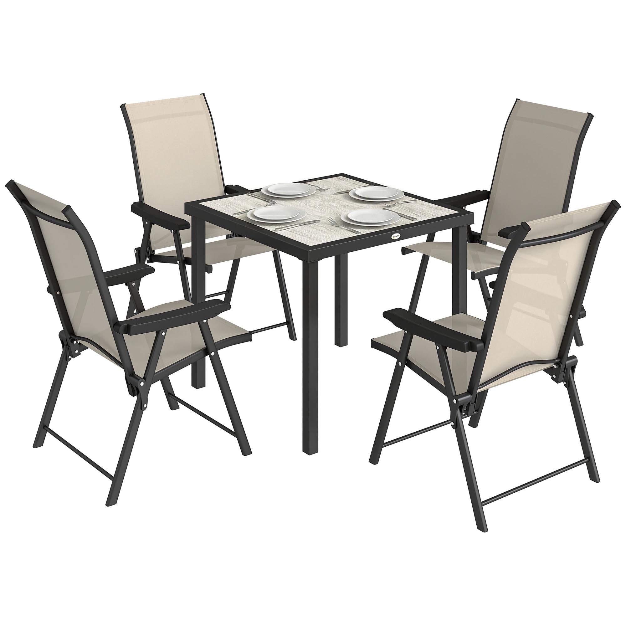 Outsunny 5 Pieces Outdoor Dining Set, Garden Dining Set for 4 with Square Table and Folding Chairs, Garden Table and Chairs with Wood-Effect Tabletop for Patio, Porch, Brown