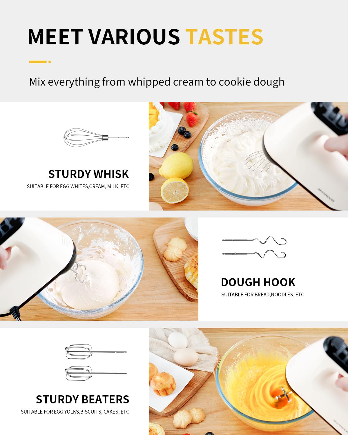 SHARDOR Batteur électrique à main 6 vitesses et turbo avec 5 accessoires en acier inoxydable, mélangeur électrique pour fouetter, mélanger les cookies, brownies, gâteaux, pâtes à pâte, étui de