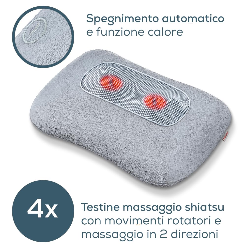 Beurer MG 145 cuscino massaggiante, massaggiatore schiena collo per massaggio shiatsu rilassante, funzione riscaldante, copertura lavabile, 4 testine massaggianti, grigio