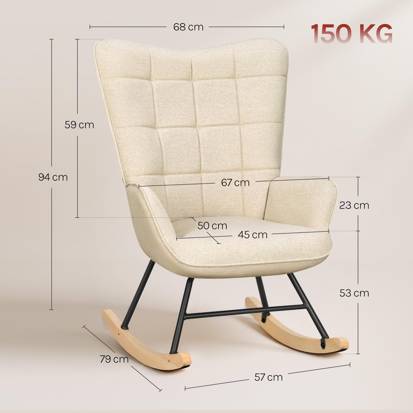 WOLTU Fauteuil à Bascule Adulte, Fauteuil à Oreilles Rembourré, Chaise Relaxante sur Pieds en Métal et en Bois Massif pour Salon, Chambre, Balcon, Terrasse, Jardin, 90x68x94cm, Beige