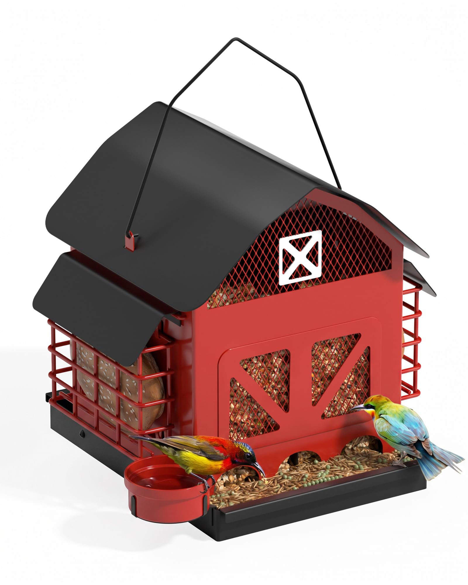 Mangeoire à oiseaux en métal résistant aux intempéries - En forme de maison - Noir/rouge - Avec deux cages à sueur - Mangeoire à suspendre pour jardin, balcon - Utilisation toute l'année
