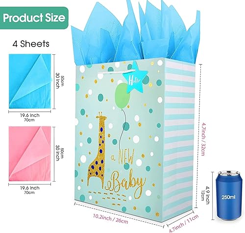 Miniatura 3 de Bolsa de regalo para bebé, bolsas de regalo grandes de 12.6 pulgadas con papel de seda, bolsa de regalo para baby shower con diseño de lámina