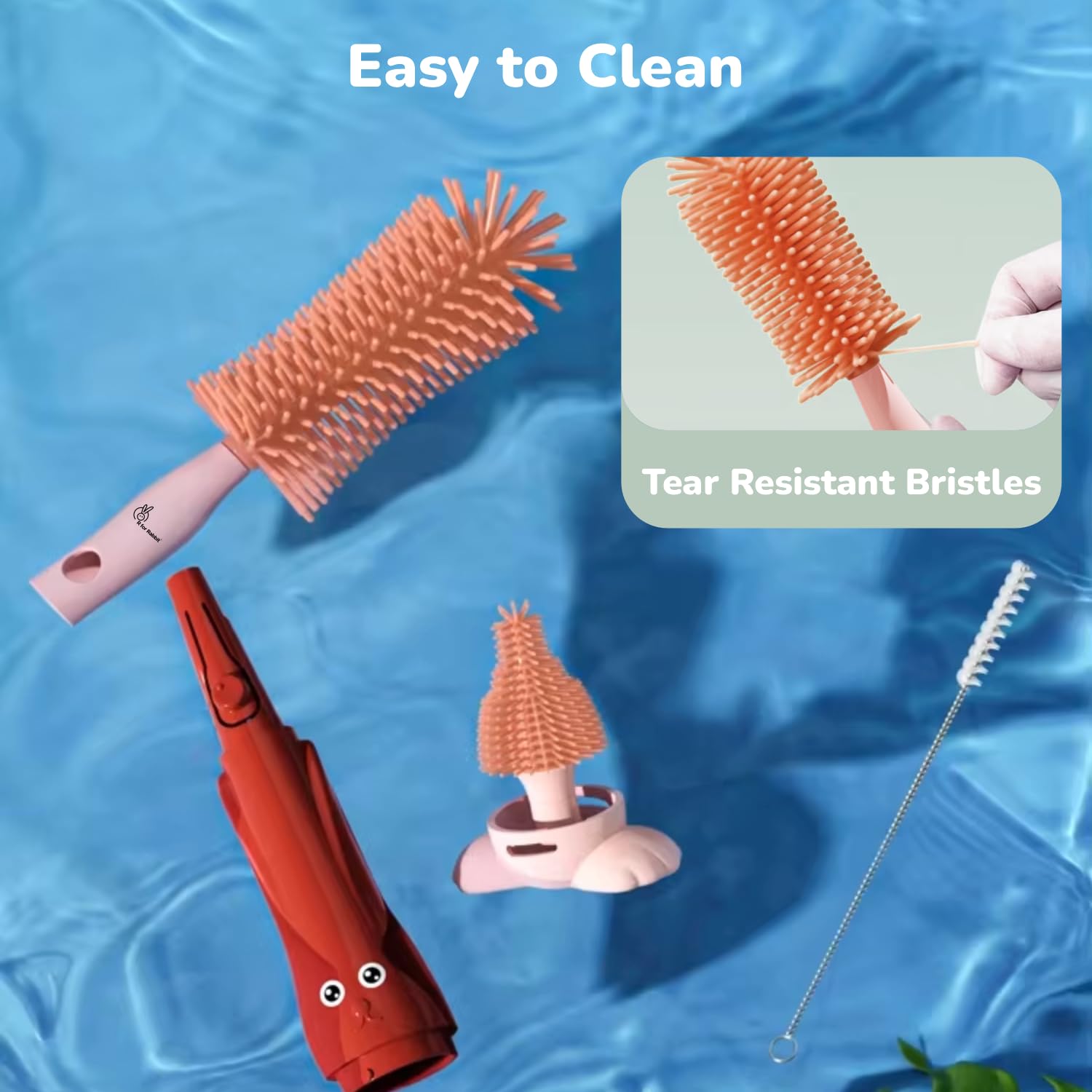 R for Rabbit Hygo Care Bunny 3-in-1 Cleaning Brushes for Baby Bottles, Straw & Nipple, BPA-Free Soft Silicone Bristles, Easy to Clean Bottles Corner, Hidden Storage & Adorable Design Cleaner (Red) 4